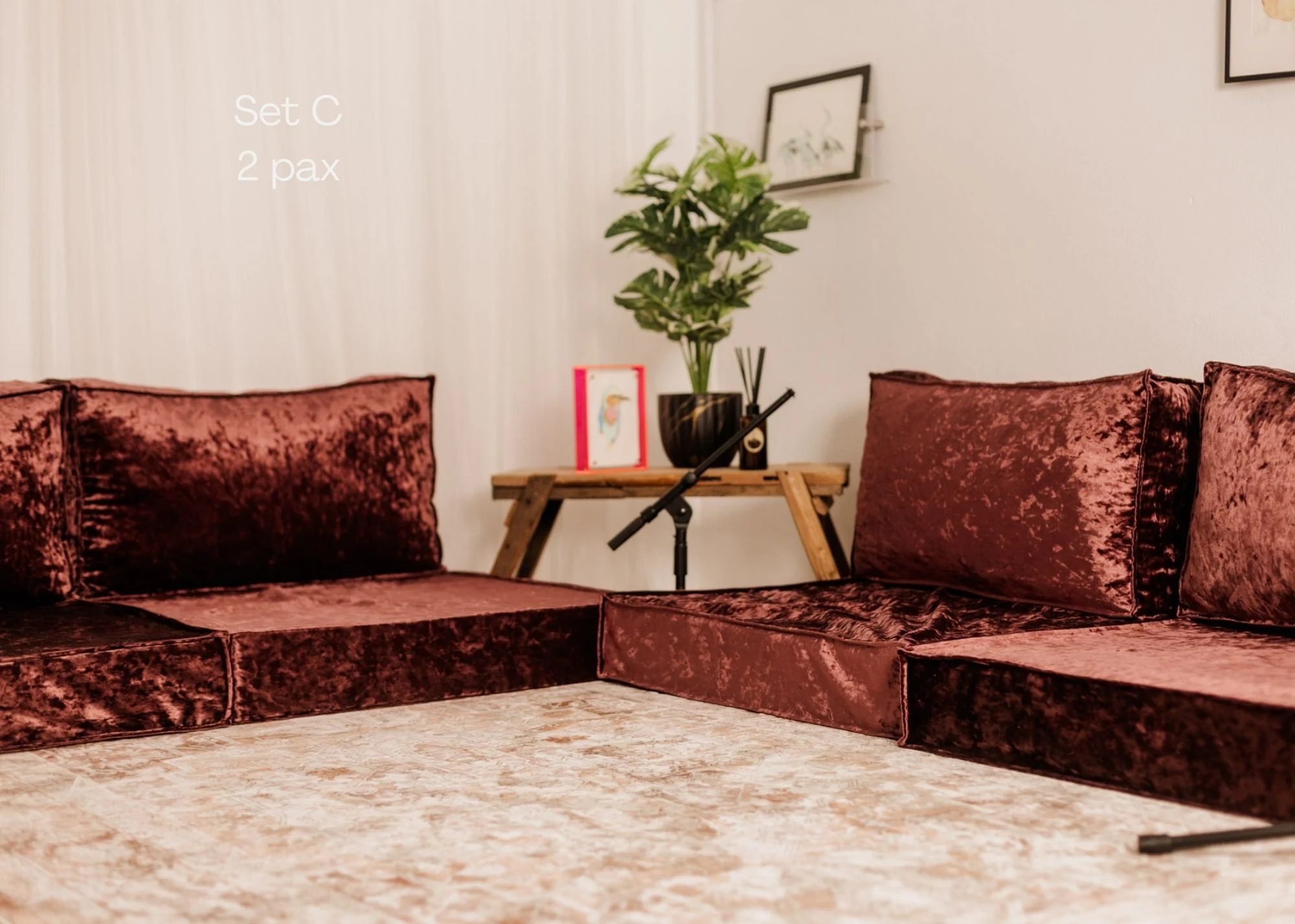 Plush velvet podcast studio set for rent in Chiang Mai designed for lifestyle creators